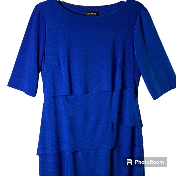 Tahari ASL Dress Size 8 Cobalt Blue Layered Skirt 3/4 Length Sleeves Career - Picture 2 of 11